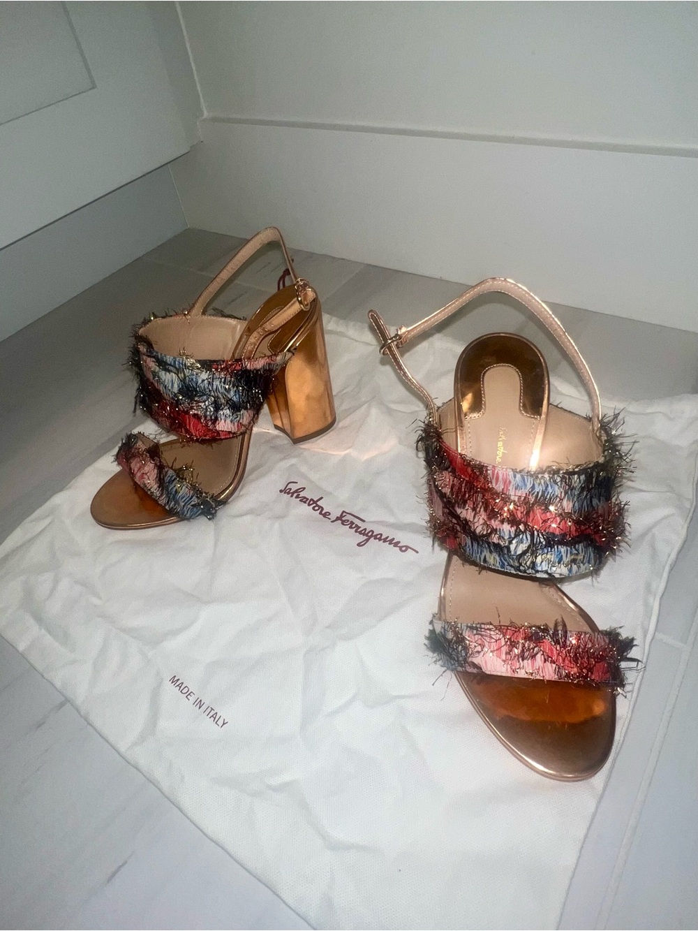 Salvatore Ferragamo Rose Gold Block Heels with Multicolor Fringe-LOW PRICE!🌟 - Picture 3 of 9
